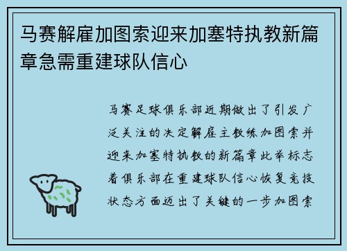 马赛解雇加图索迎来加塞特执教新篇章急需重建球队信心